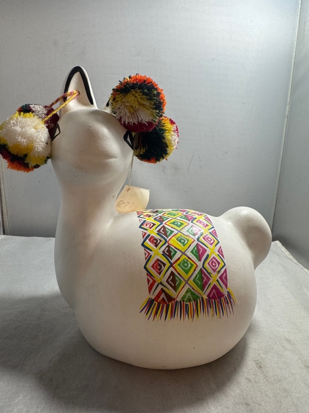 Handcrafted White Ceramic Llama Figurine bank with Colorful Pom-Poms